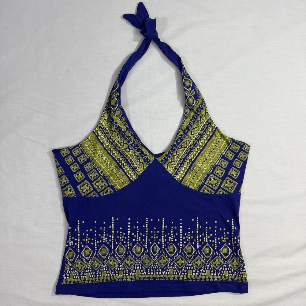 Vtg 90s Y2K Q&A Women's Blue And Green Halter Tank Top Size XL 95% Cotton